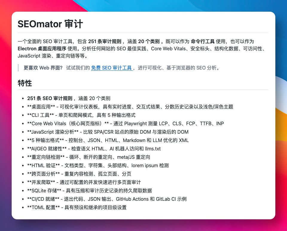 GitHubDaily的帖子配图 1:每次给网站做 SEO 优化,总要在各种商业工具和测试网站间来回切换,排查死链和性能指标相当折腾。 今天看到 SEOmator Audit 这个开源项目,内置 251 条审计规则,覆盖 20 个大类,一