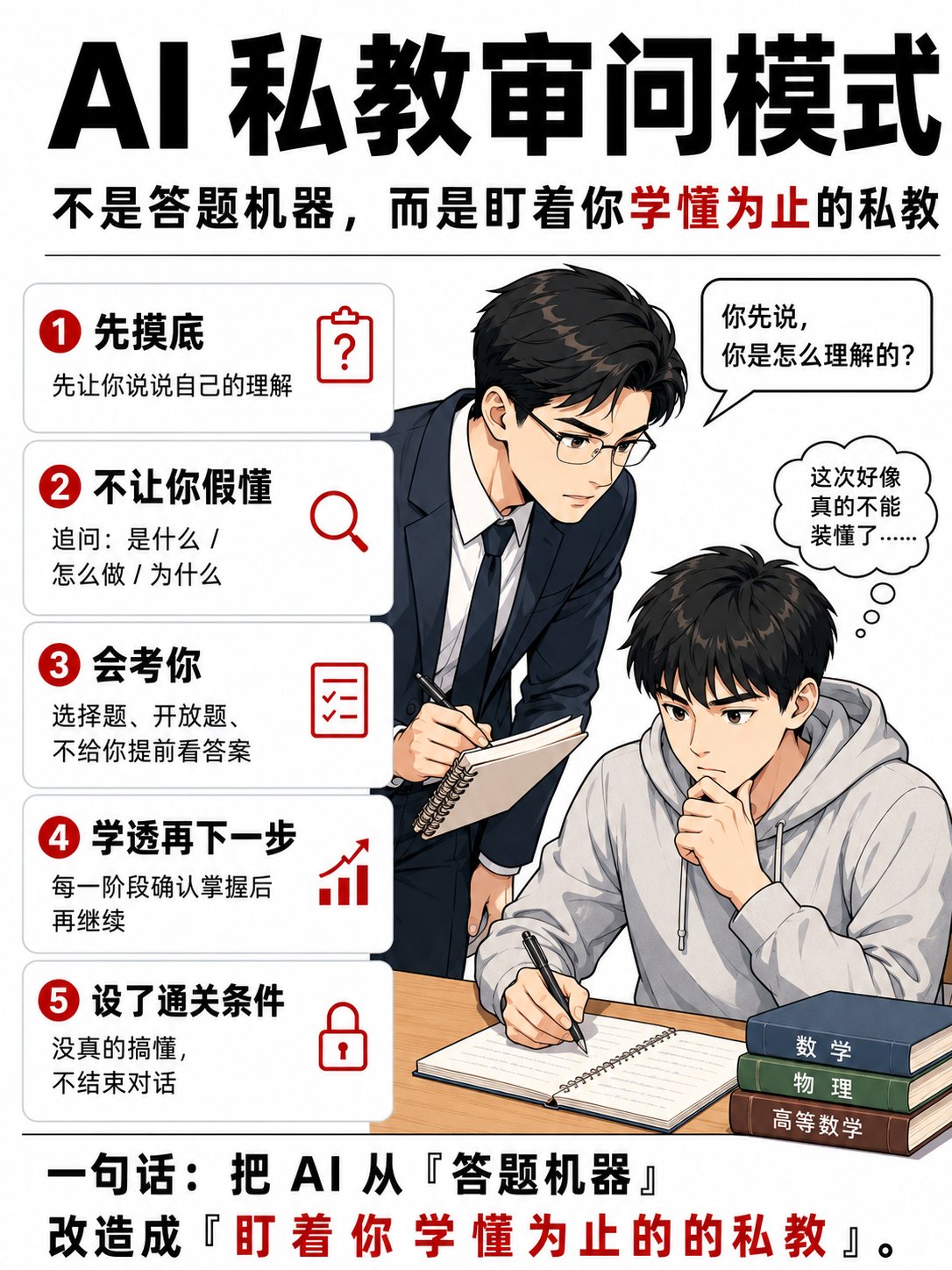 小互的帖子配图 1:一个非常狠的提示词 超级严厉的老师,会一直追问你,直到你学会某个知识或者搞懂某个问题为止才肯罢休 否则它会一直追问、不停验证,直到确认你完全搞懂为止😅 而且它不会一口气讲完,每讲完一个阶段,必须确认你