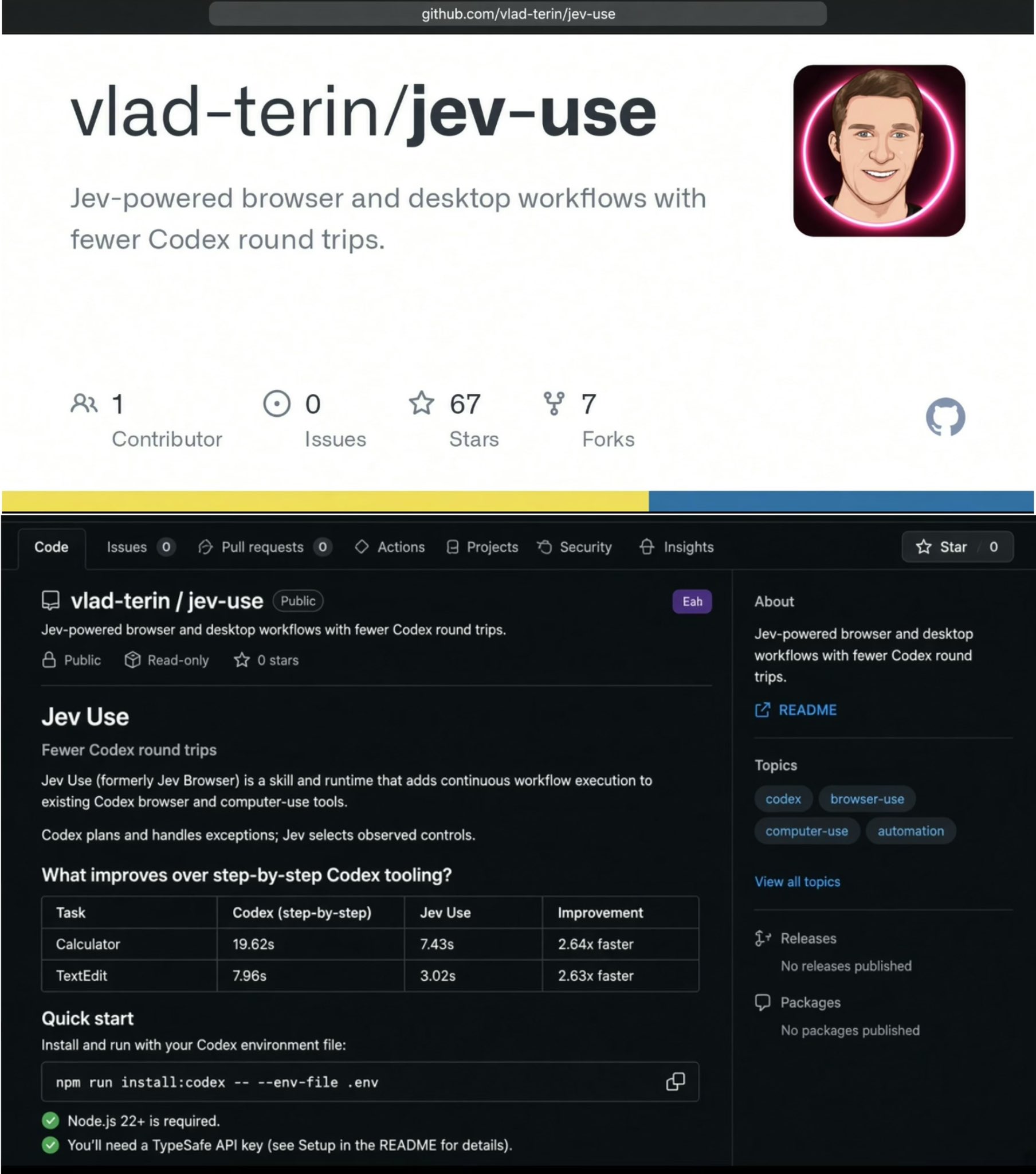 SuSu_酥酥👅的帖子配图 1:🔥推荐!让 Codex 搭配 Jev 成双王炸,浏览器操作速度提升 5–10 倍! 痛点很简单:Codex 自己点页面时,每一步都要读 DOM、推理、再调工具,来回一卡就是半天。 现在让 Jev 把「