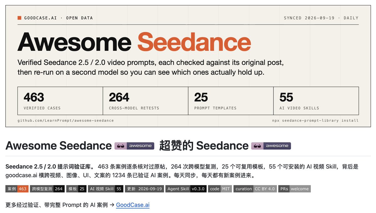 卡尔的AI沃茨的帖子配图 1:【我把 463 个 AI 视频做成了 Skill 和提示语模版,全都开源!】