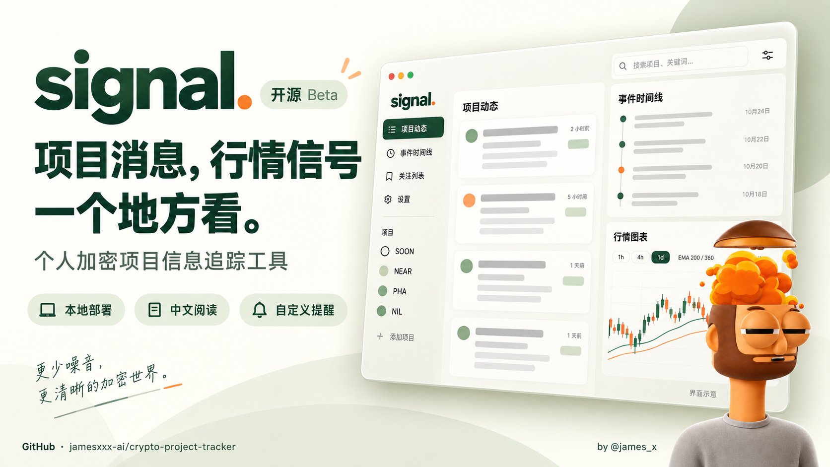 詹姆斯叉 | James_X的帖子配图 1:做了一个个人加密项目信息追踪工具,叫 Signal,已经开源,大家可以下载到自己的电脑上使用。